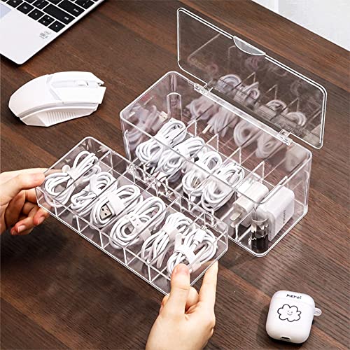 STARRY G Double Layer Cable Tidy Box with Lid, 12 Grids Cable Organizer Box, Large Storage Box for Data Cables, Charger Plug, Clear Cable Management Box - Free 15PCS Cable Ties & Classify Label
