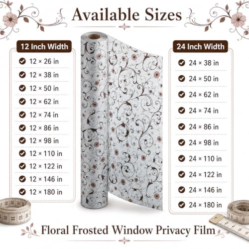 Image of Self Adhesive Window Privacy Film for Glass Windows & Doors | UV Blocking, Heat & Glare Reduction | Decorative Frosted Glass Film Easy to Apply (Antique Floral Swirl Pattern, 24X74 Inch)