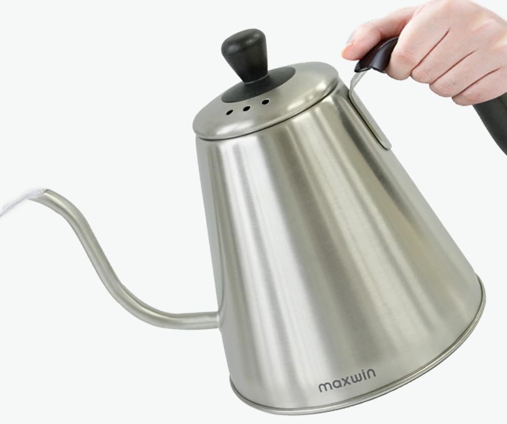 MAXWIN Bollitore a Collo d'oca in Acciaio Inossidabile per Caffè e Tè,Bollitore di Classe per Caffè con Beccuccio Lungo 1L - Acciaio Inossidabile di Qualità(AS-97E)