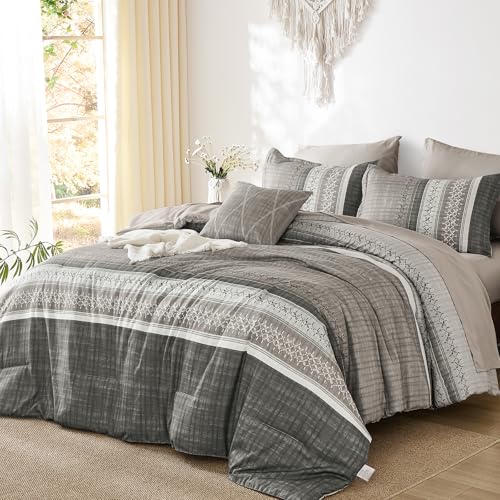 Image of Dintszyayue Taupe King Comforter Size Set, 8 Pieces Striped Texture Bed in a Bag Bedding Sets, Lightweight Soft Comforter and Sheet Set, All Season Microfiber Teen Boys Bedding Sets for Men Women