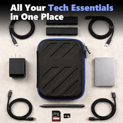 Image of BonKaso Tech Organizer Pouch Hard Shell - Travel Electronics Accessories Case for Charger, USB Cable, Power Bank, Earphones & Hard Drive | Compact EVA Storage Bag - Black & Blue