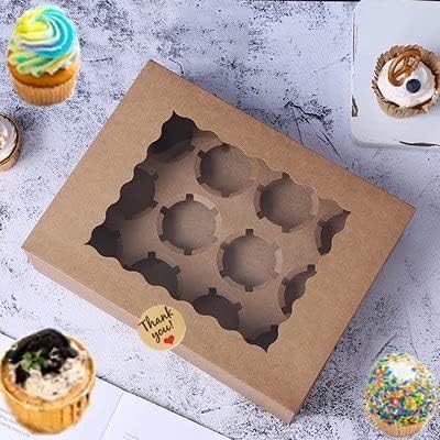 UNIQU 15 Packs Cupcake Boxes 12 Cavity Auto Pop Up with Window and Inserts, Kraft Bakery Cookie Boxes Cupcake Containers with Sealing Stickers