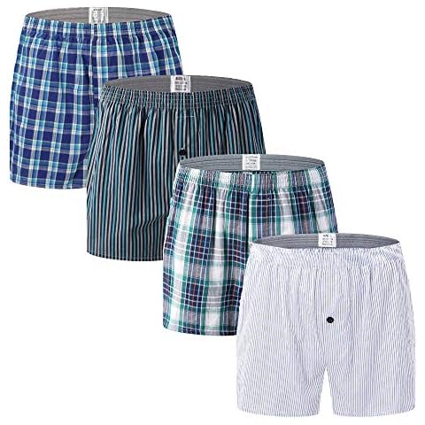 Nuofengkudu Men's Soft Cotton Woven Boxer Shorts American Style Loose Fit Breathable Tartan Plaid Button Fly Underwear Lightweight(4 Pack,Pattern C) Size XL Cover
