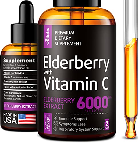 Elderberry Syrup - Organic Elderberries Extract 6000mg - Immune Support Sambucus Elderberry Syrup - Formulated in USA - Black Elderberry with Vitamin C - Sambucus Elderberry Syrup for Kids & Adults