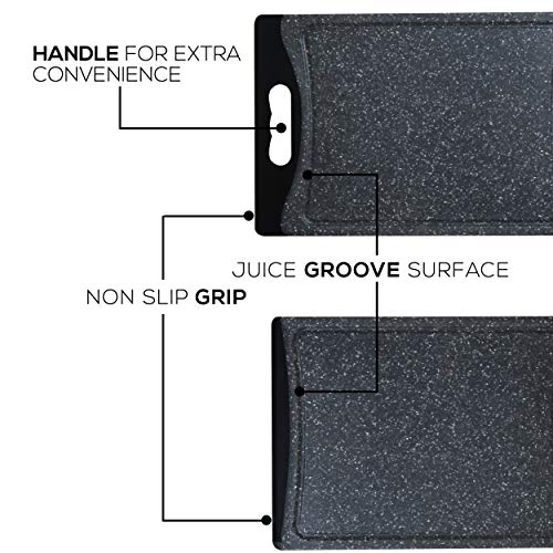 CHEF GRIDS Durable Plastic XL Marble Cutting Board, Chopping Board Thick Plastic, for Vegetable Meat or Cheese with Non-Slip Feet, Handles Juice Groove | Dishwasher Safe (3-pc Set, Black)