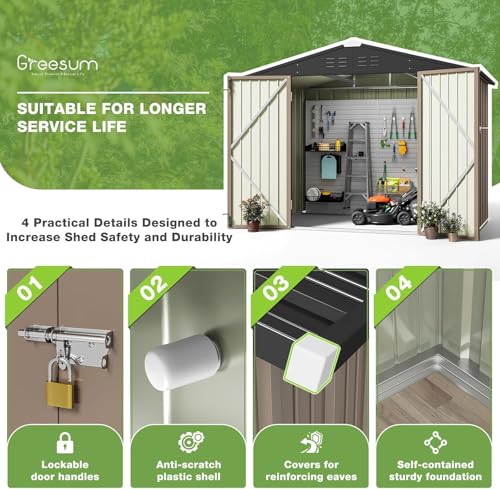 Image of Greesum 8x6FT Outdoor Storage Shed, Utility Tool Shed with Sloping Roof, Metal Storaged Garden Shed with Door & Lock for Patio Storage, Brown