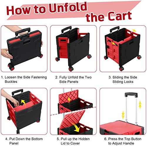 Folding Utility Cart Portable Rolling Crate Handcart with Durable Heavy Duty Plastic Telescoping Handle Collapsible Hidden Lid 4Rotate Wheels for Travel Shopping Moving Office Teacher Use