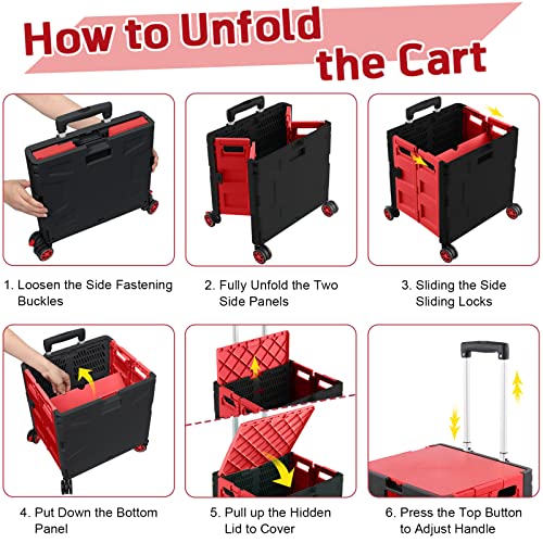 Chariot utilitaire pliable rouge à 4 roues rotatives et couvercle - 5