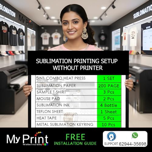 Image of MY PRINT | Heat Press 5 in1 Combo with Sublimation Project, Sublimation Paper 200 Pages, Sample T-Shirt 3 Pcs, Mouse Pad 2 Pcs, Sublimation Keyring 10 Pcs, Sublimation Ink 4 Color, Teflon Sheet 1 Pcs
