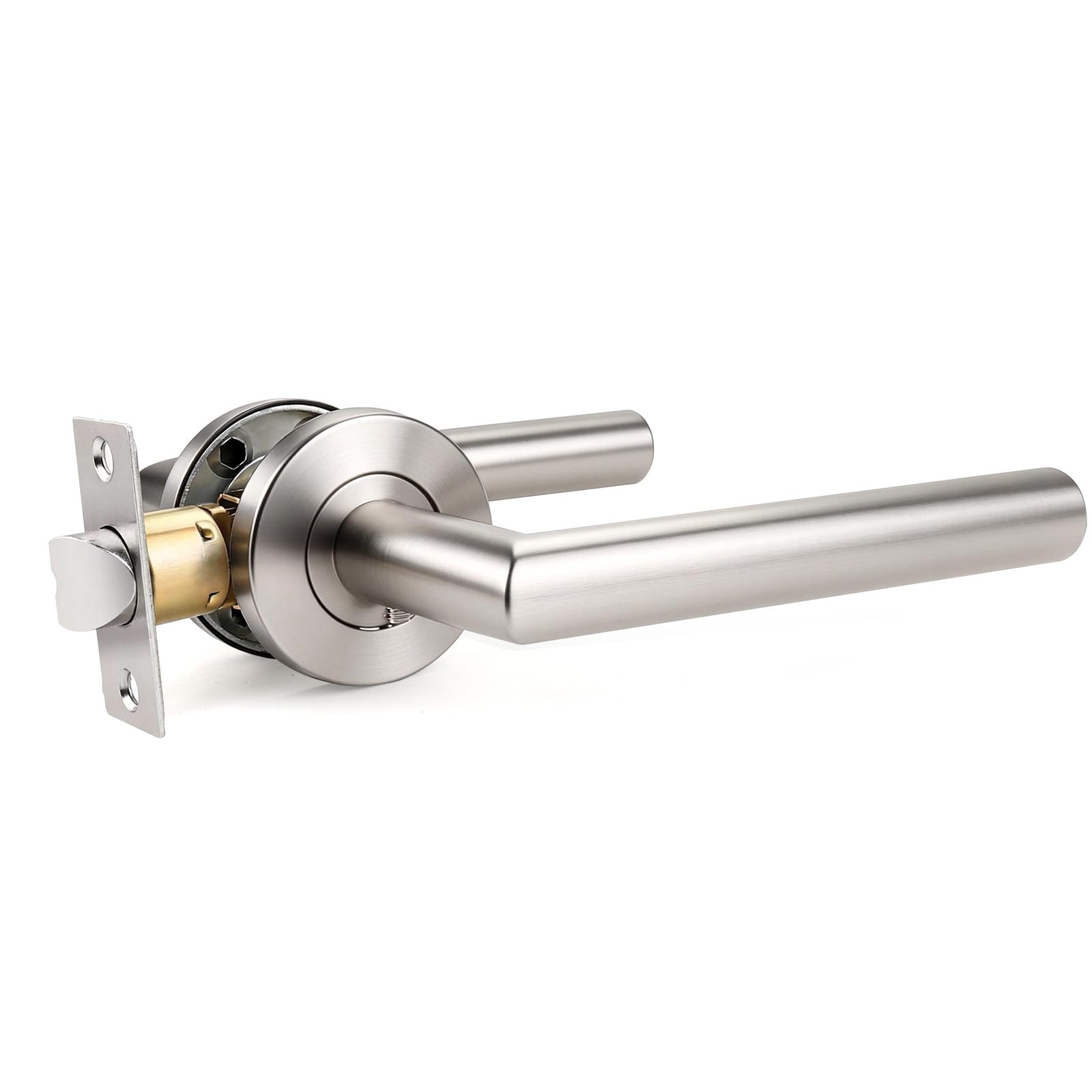 Brotima Satin Nickel Internal Door Handle with Adjustable Tubular Latch, Non-Locking Handle for Hallway Doors, 1 Pair Door Levers