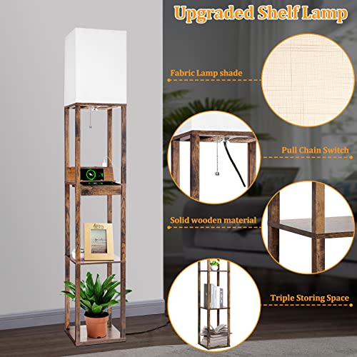 【Upgraded】Floor Lamp With Shelves,Shelf Floor Lamps For Living Room With Wireless Charger, Floor Lamps For Bedroom With Usb A+C Charging Ports And 2 Ac Outlet, Brown Wood Lamp For Living Room, Bedroom #TOP4