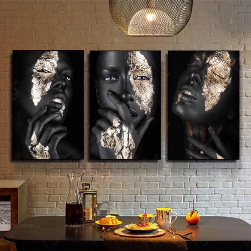 Affiche toile art africain noir et or 60x75 cm triptyque salon