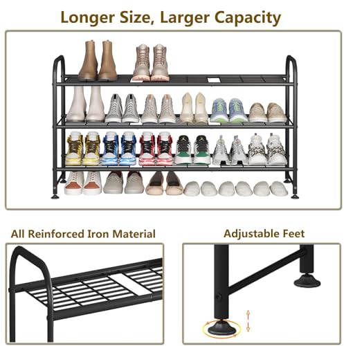 Image of LINZINAR Shoe Rack Long 3 Tier Metal Shoe Organizer Metal Wide Shoe Shelf for Closet Entryway Bedroom Large Capacity Black
