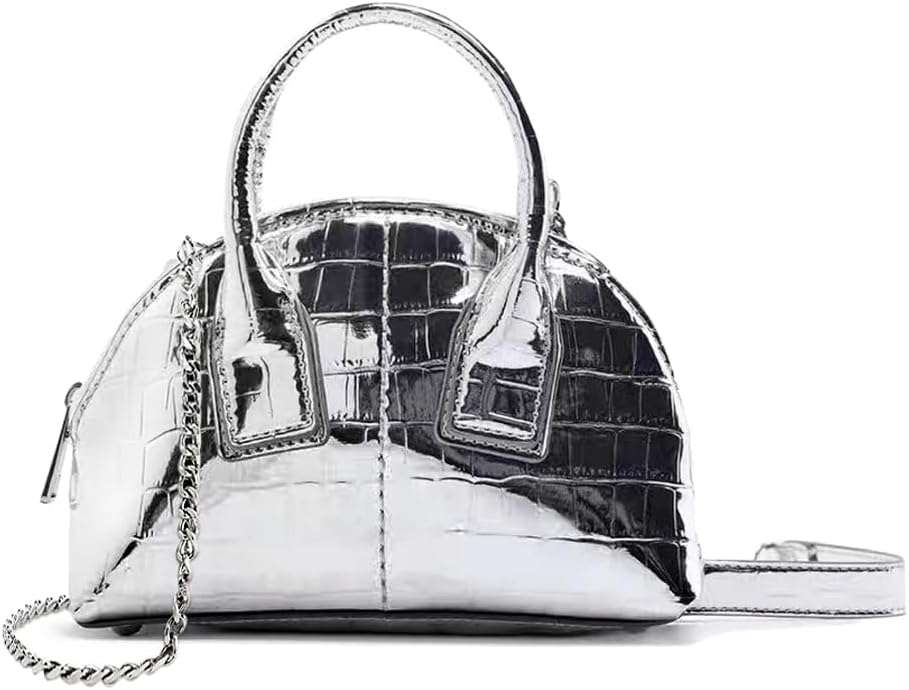 Mini Silver Crossbody Purse for Women Gold Purse Cute Small Top Handle Purses Pink Metallic Bag Shiny Chain Handbag