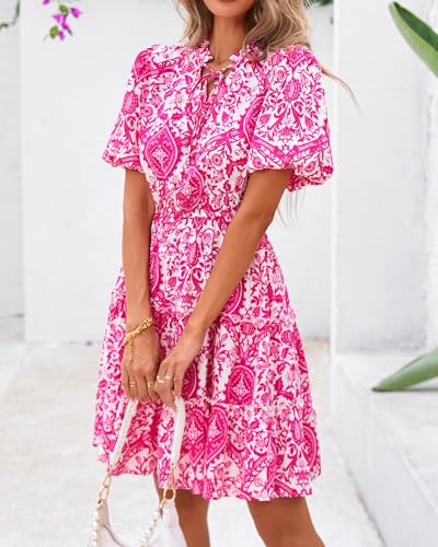 Image of BTFBM Women Summer Floral Short Dresses V Neck Short Sleeve Tiered Ruffle Boho Swing Dress A-Line Mini Dresses