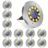 SUNNEST Solar Ground Lights Christmas, 12 Packs 10 LED Solar Garden Lights Waterproof In-Ground Outdoor Landscape Lighting for Patio Pathway Lawn Yard Deck Driveway Walkway Disk Lights - Warm White