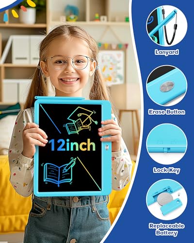 Image of Bravokids 12 Inch LCD Writing Tablet for 3 Year Olds - Electronic Drawing Pad and Doodle Board as Educational Birthday Gifts for Girls and Boys (Blue)