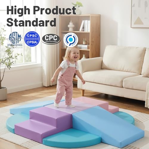 Image of TODIBY 9-Piece Climbing Toys for Toddlers: Soft PU Leather Foam Blocks - Baby Climb and Crawl Activity Blocks - Kids Play Gym Equipment Indoor for Development(Macaroon)