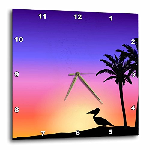 3dRose DPP_76698_3 Tropical Palm Trees and Pelican Silhouette at Sunset Beach Nautical Seaside Scene Wall Clock, 15 by 15-Inch