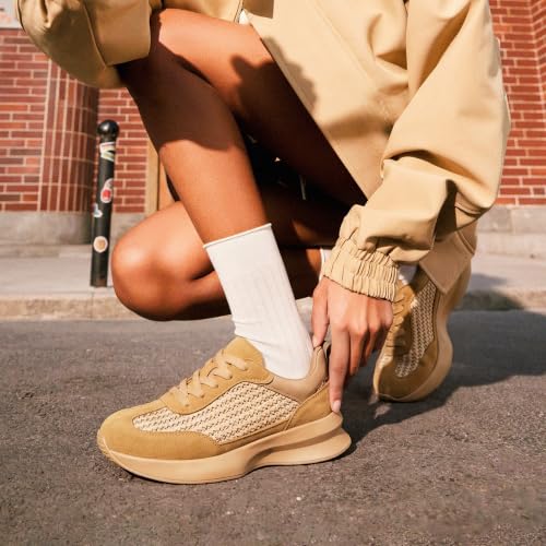 Image of Vepose Women's Retro Platform Sneakers Lightweight Lace Up Walking Shoes | Designer dressy chunky sneakers, memory foam cushioning, non slip sole, stylish woven or PU looks, work, travel, errands