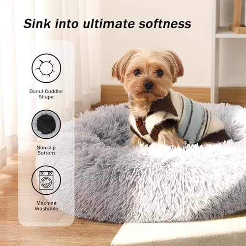 Image of NOYAL Calming Donut Dog Bed for Small to Medium Dogs & Cats - Plush Faux Fur Anti-Anxiety Pet Bed with Machine Washable Cover & Non-Slip Base
