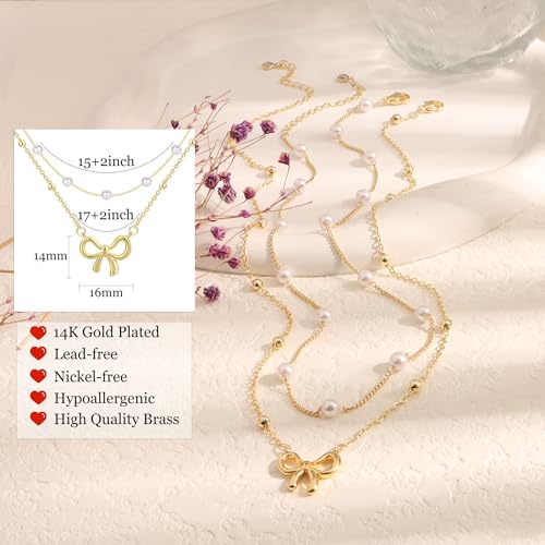 Bow Necklace Trendy 14k Gold Silver Plated Pearl Choker Bow Pendants Necklace Layered Necklaces for Women Jewelry Gift4