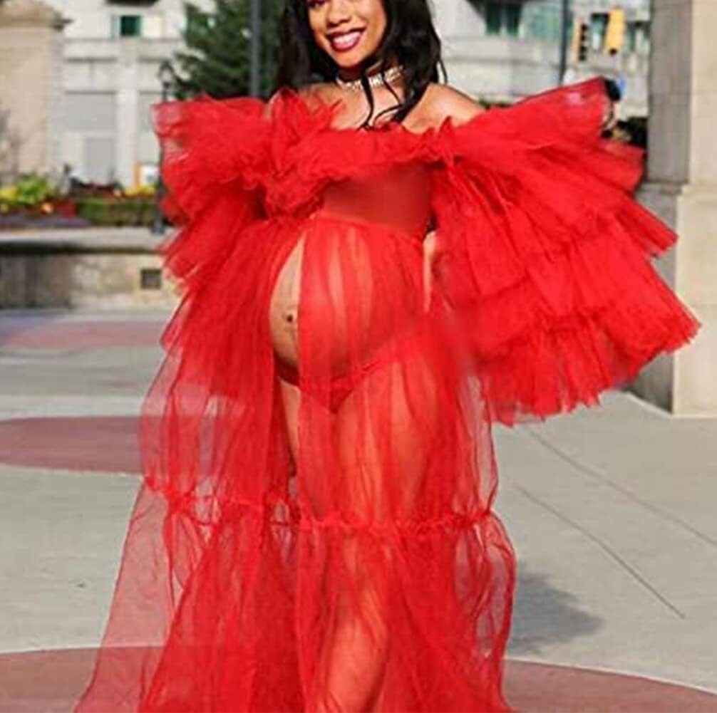 WIOJEIGO Women's Tulle Robe Maternity Dress Sleeve Off Shoulder Open Belly Puffy Lingerie Sheer Photoshoot Gown