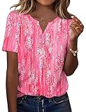 TCOT Ladies Tops and Blouses Summer Short Sleeve V Neck Business Casual Blouses Pink Pattern Pullover Shirts M