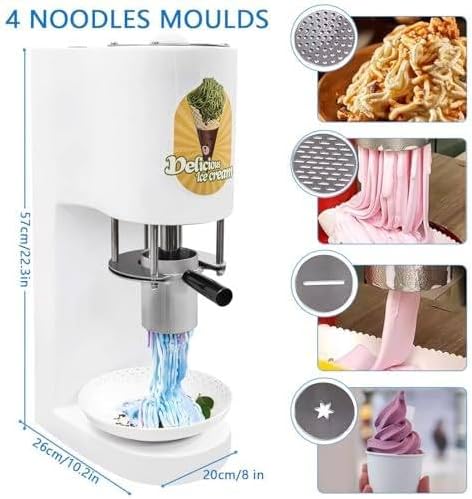 Commercial Spaghetti Ice Cream Maker, 80W Ice Cream Noodle Maker,4 Noodle Shape Molds, 7.4-7.9 Gal/Hr Ice Cream, Professional Ice Cream Noodle Extruder