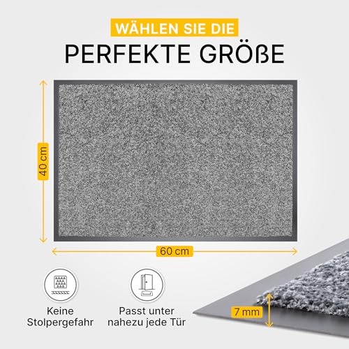 Entrando Fußmatte 40x60 cm mit Rutschfester Rückseite – waschbare Schmutzfangmatte für Eingangsbereich innen & außen, saugstark & farbneutral, Türmatte (Grau)
