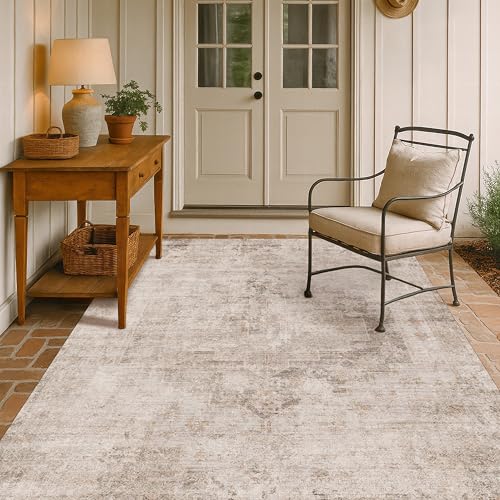Image of Hazo Haus Washable 5x7 Area Rugs for Living Room, Neutral Beige & Peach Farmhouse Rug for Dining Room & Bedroom, Ultra Soft Low-Pile Non-Slip Stain Resistant