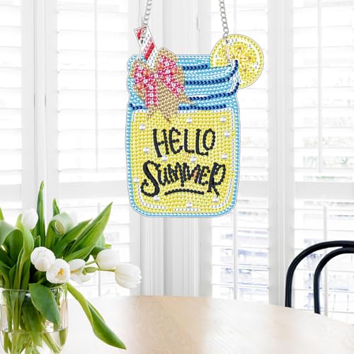 Image of AiYuanzsh Hello Summer Diamond Painting Hanging Kit, DIY 5D Jar Lemon Drink Sign Ornament, Diamond Art Hanging for Adults, Door or Wall Summer and Holiday Decoration, Handmade Crystal Art Gift