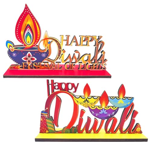 2Pcs Wooden Happy Diwali Decorations for House Diwali Table Centerpieces Decor Indian Theme Festival of Lights Party Decor Deepawali Wooden Sign for Traditional Indian Hindu Festival of Lights Part