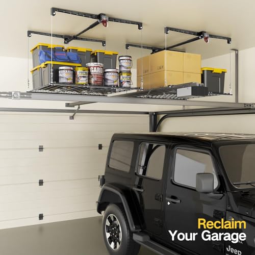 Overhead Garage Storage Rack, 4x4 Ft Garage Ceiling Storage Lift, Heavy-duty Ceiling Mounted Garage Storage Lift System for Garage Organization, 250lbs Weight Capacity, Brushed Black