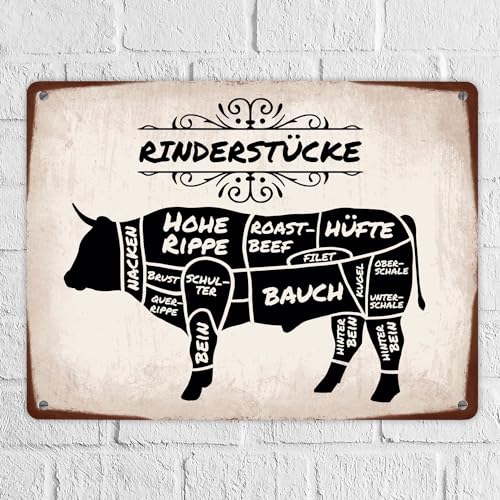 Rinderstücke BBQ Beef Fleischstücke Metallschild XL in 21x28 cm Blechschild für den Grill als Dekoration für Grillfans und Fleischesser