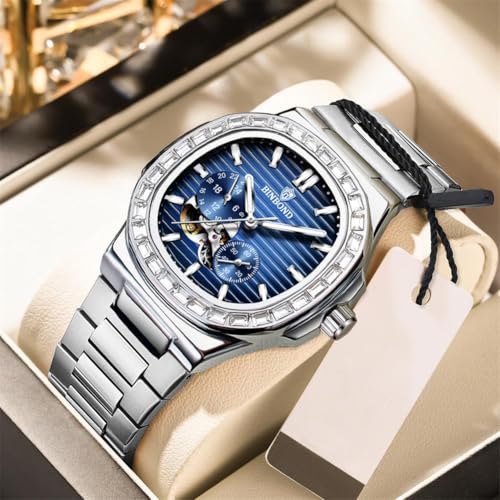 Image of BINBOND Silver Watch for Men Blue Dial Analog Quartz Stainless Steel Men Wrist Watch Diamond Day Date Luminous Mens Watches Large Wrist Classic Water Resistant Gift for Father&Husband&Friend