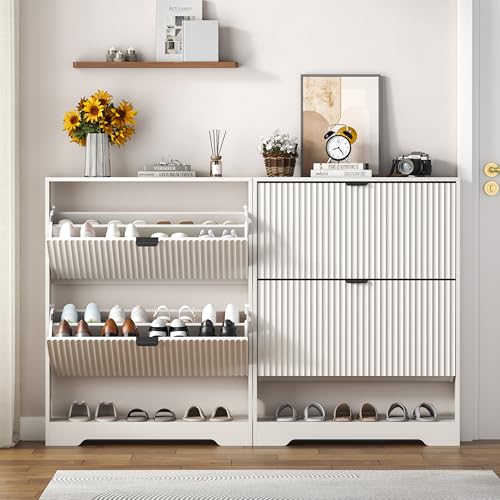Image of HUANLEGO Shoe Cabinet Storage for Entryway with 2 Flip Drawers, White Fluted Shoe Cabinet with Open Storage, Wooden Hidden Shoe Rack Freestanding Narrow Slim Shoes Organizer for Hallway, Entrance