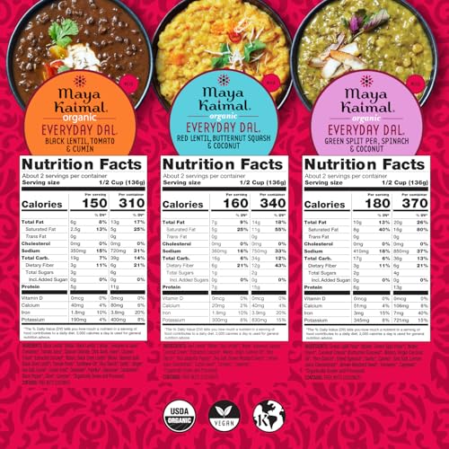 Image of Maya Kaimal Foods - Organic Indian Everyday Dal Variety Pack No. 2 - 10oz 3 flavors, 2 Each - Red Lentil, Black Lentil, & Green Split Pea - Vegan