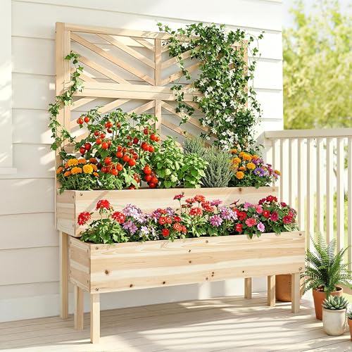 Yaheetech 2-Tier Solid Fir Wood Raised Garden Bed with Trellis for Climbing Plants Self-Draining Planter with Drainage Holes for Garden Porch Balcony Lawn Patio Wood