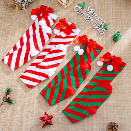 Image of Christmas Thigh High Stockings Bow Striped Stockings Holidays Knee Stocking for Women 2 Pairs