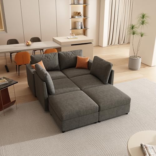 Image of QHITTY Convertible U Shaped Modular Sofa with Cup Holder, Sectional Couch with Storage Space, Living Room Sofa Bed- Grey