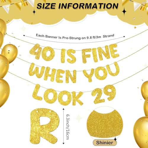 Image of Fulmoon Pre Strung 40 Is Fine When You Look 29 Banner Glitter Happy 40th Birthday Banner Funny 40th Birthday Sign 1985 Party Decorations for Men Women(Gold)