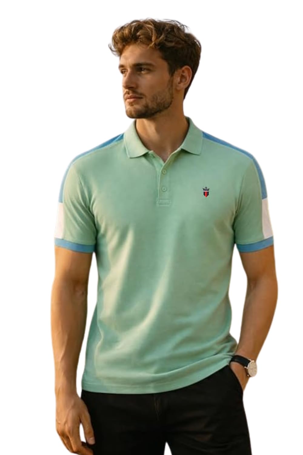 Louis Philippe Men's Slim Fit Premium High-End Pique in Superior Cotton Cut & Sew Design Color Block Shoulder Half Sleeve Polo Tshirt