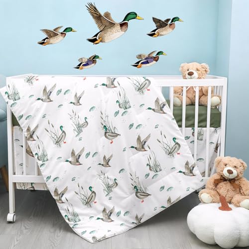 Image of SmoothNovelty 5 Pcs Mallard Duck Crib Bedding Set Include Print Crib Sheets Bed Skirt Comforter Pad Cover Wall Stickers for Boys Girls Duck Nursery Room Decoration