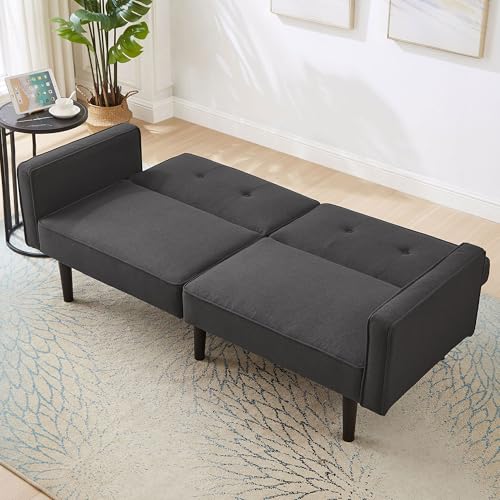 Moimhear Sofá cama 2 en 1, sofá de dos plazas, respaldo doble ajustable independientemente, con función de sueño, tela de algodón y lino, espuma de alta densidad (negro antiguo)