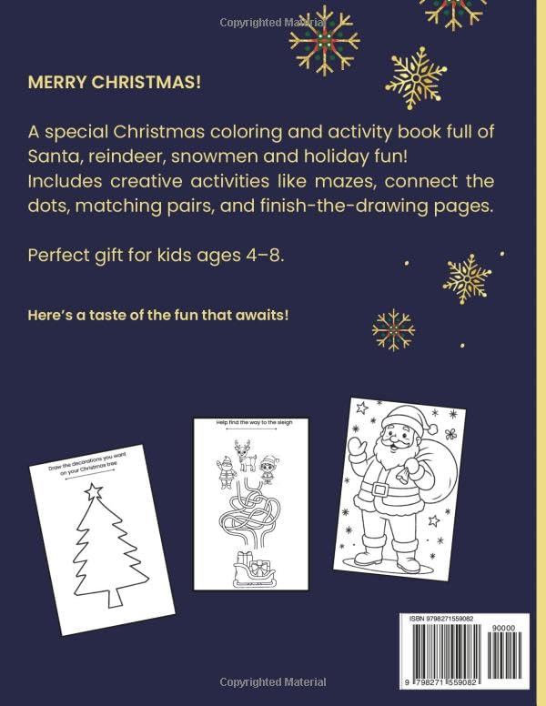 Merry Christmas Coloring Book for Kids: Fun Holiday Coloring and Activity Book for Boys and Girls Ages 4–8 | Santa, Reindeer, Snowmen, Mazes, ... Christmas Gift (Pakko Christmas Edition) image 3