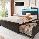 Rolanstar Twin Bed Frame with 4 Storage Drawers, Charging Station and LED Lights, Metal Platform Bed with 2-Tier Storage Headboard, No Box Spring Needed, Easy Assembly, Noise-Free, Black