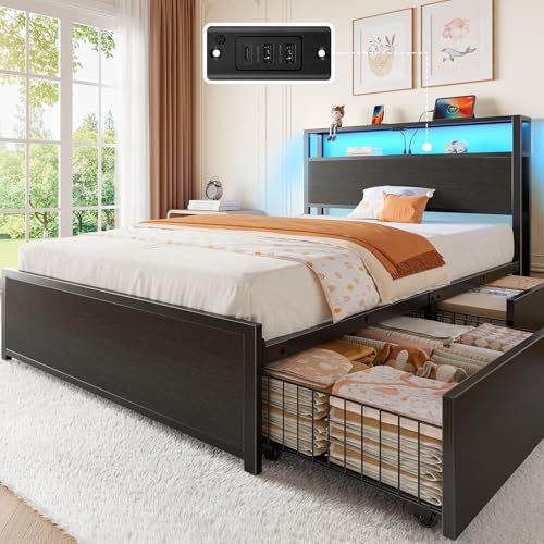 Rolanstar Twin Bed Frame with 4 Storage Drawers, Charging Station