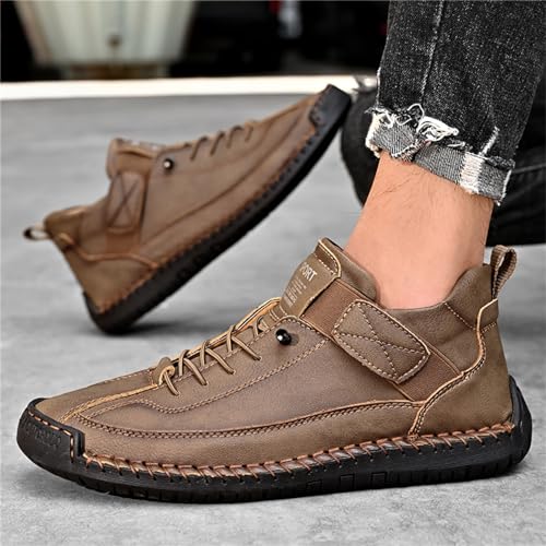 Image of Men'S Hand Stitching Leather Chukka Ankle Boots with Adjustable Elastic Band Casual Slip-On Non-Slip Walking Loafers Retro High Top Flat Shoes
