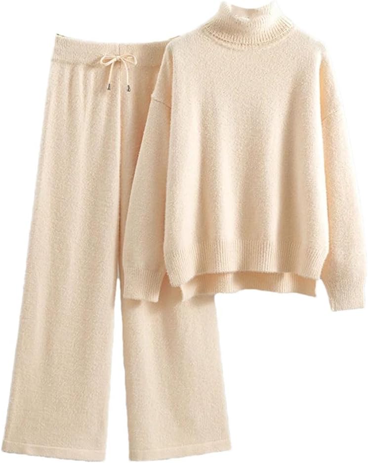 Cashmere Women Wide Leg Pant Suits Thick Warm Women Turtleneck Sweater Tracksuits Two Piece Sets.